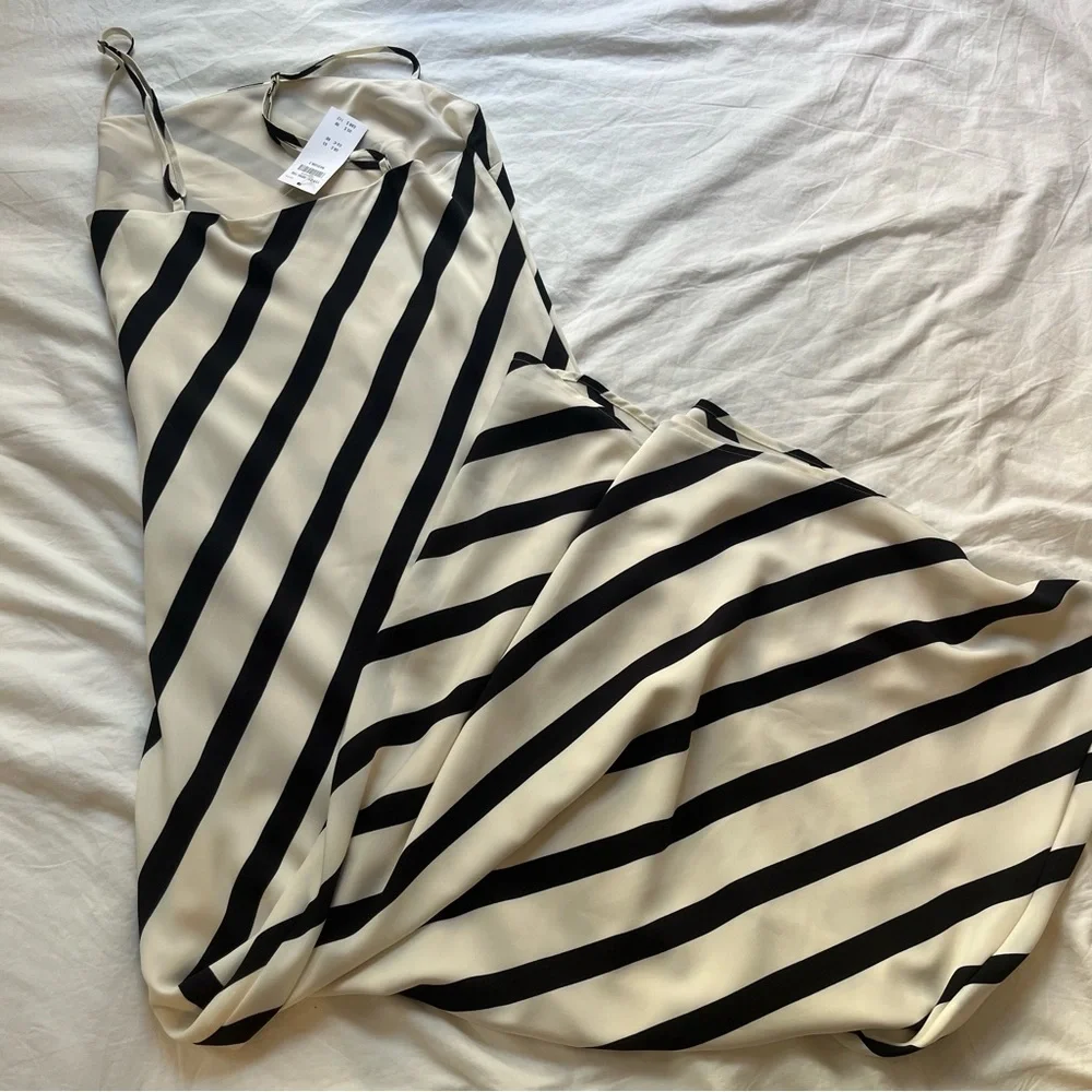 NWT Black and White Striped Satin Slip Maxi Dress size Medium Tall